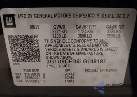 2020 GMC Sierra 1500 4Wd Short Box Elevation from USA, damaged, VIN 3GTU9CED6LG148187